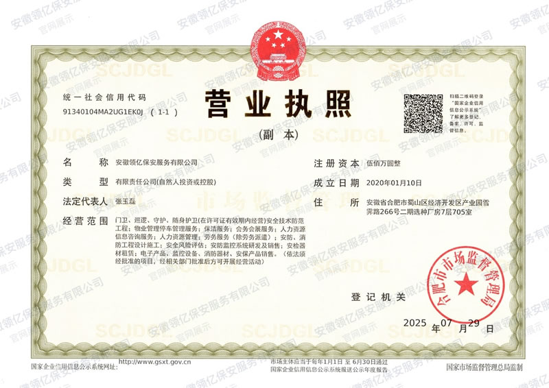 安徽领亿保安服务有限公司营业执照
